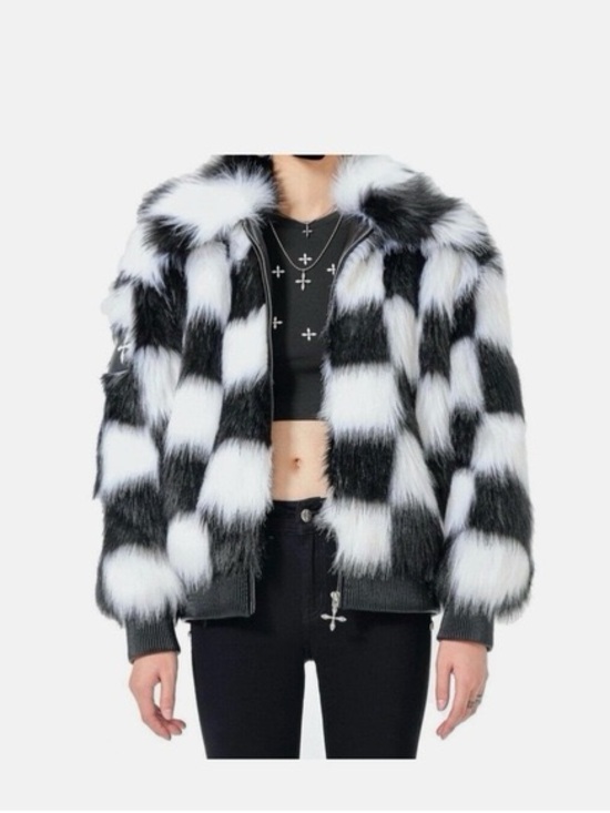 SMFK Jackets & Blazers - SMFK Plan C Checkered Faux Fur Bomber Jacket Black White Size 1